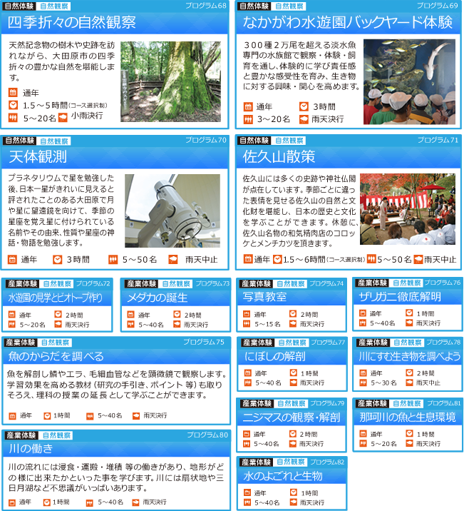 四季折々の自然観察・なかがわ遊園バックヤード体験・天体観測・佐久山散策・水遊園の見学とビオトーブ作り・メダカの誕生・写真教室・ザリガニ徹底解明・魚のからだを調べる・にぼしの解剖・川にすむ生き物を調べよう・ニジマスの観察・解剖・那珂川の魚と生息環境・川の働き・水のよごれと生物